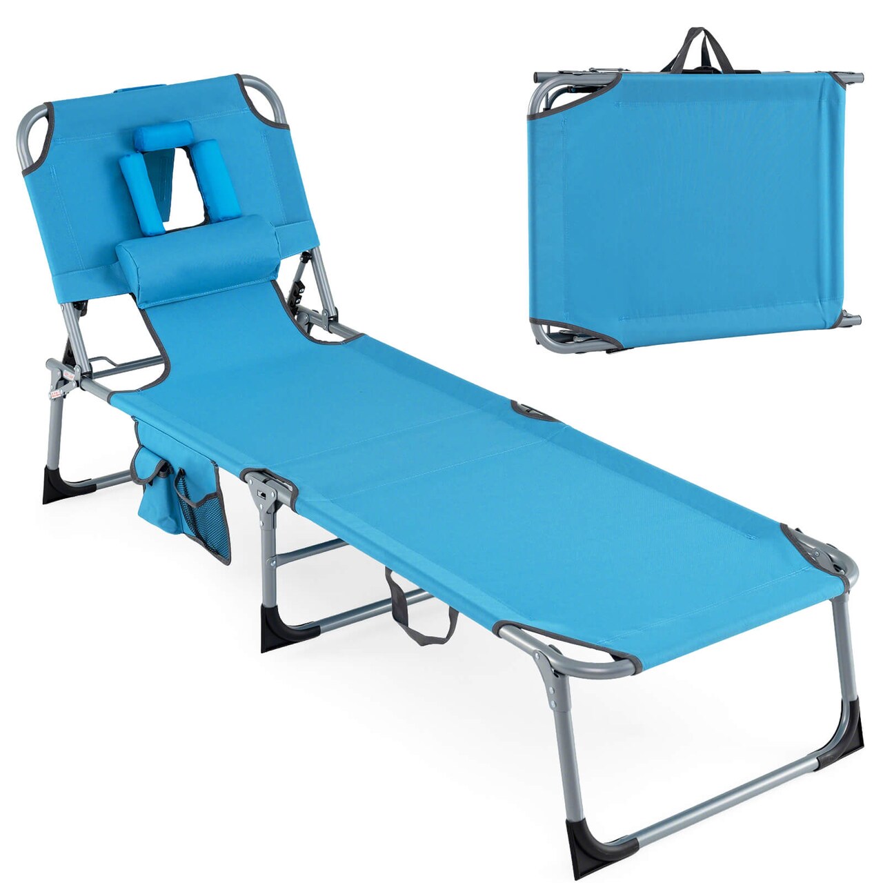 Goplus Outdoor Beach Lounge Chair Folding Chaise Lounge with Pillow Blue/Beige